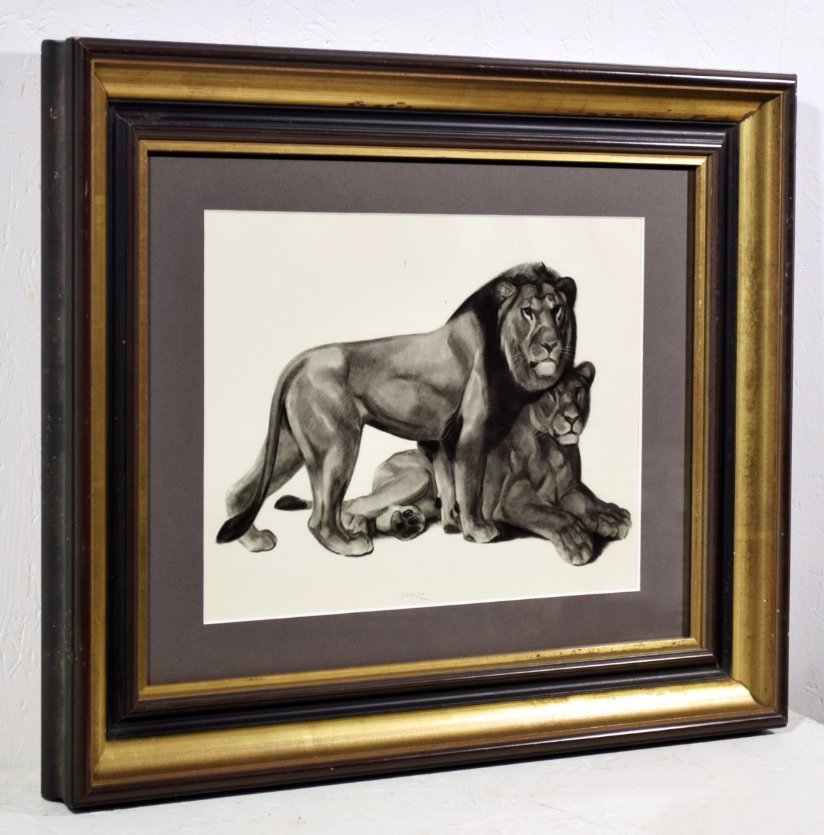 Lithograph Georges Lucien Guyot Couple Of Lions-photo-2