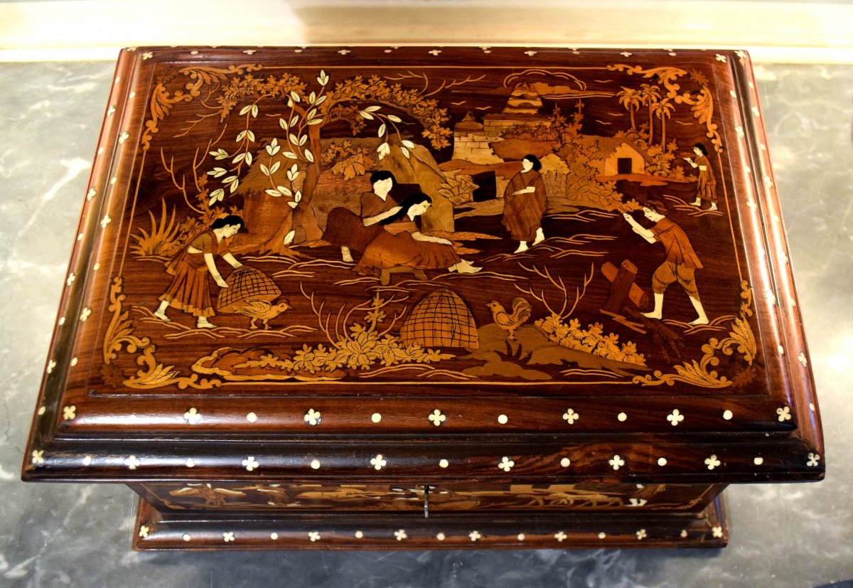 Grand coffret palissandre marqueterie d'os et ivoire-photo-3