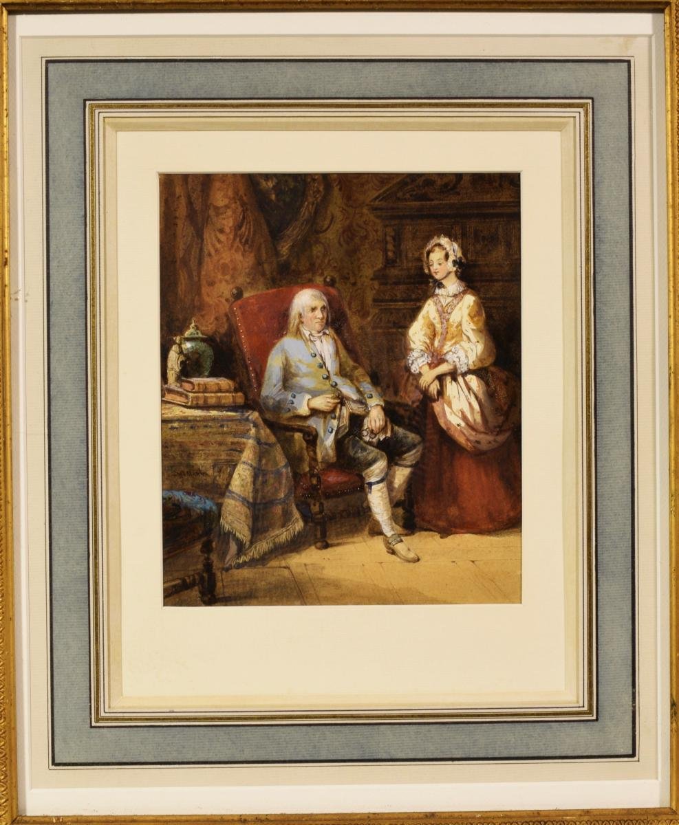 Aquarelle par Joseph Paul Martin (1799-?) Scène d'Intérieur-photo-1