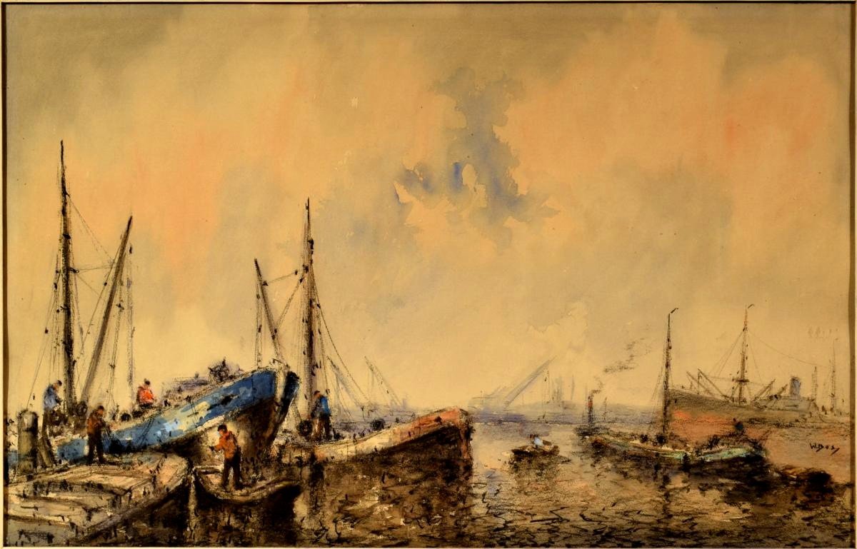 Willem Bos Aquarelle Bateaux de Pêche en Mer du Nord-photo-4