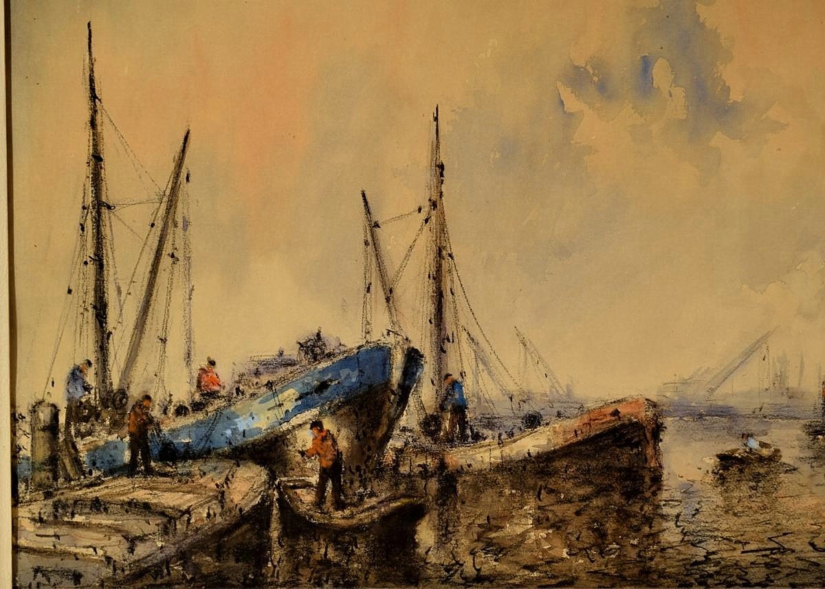 Willem Bos Aquarelle Bateaux de Pêche en Mer du Nord-photo-1