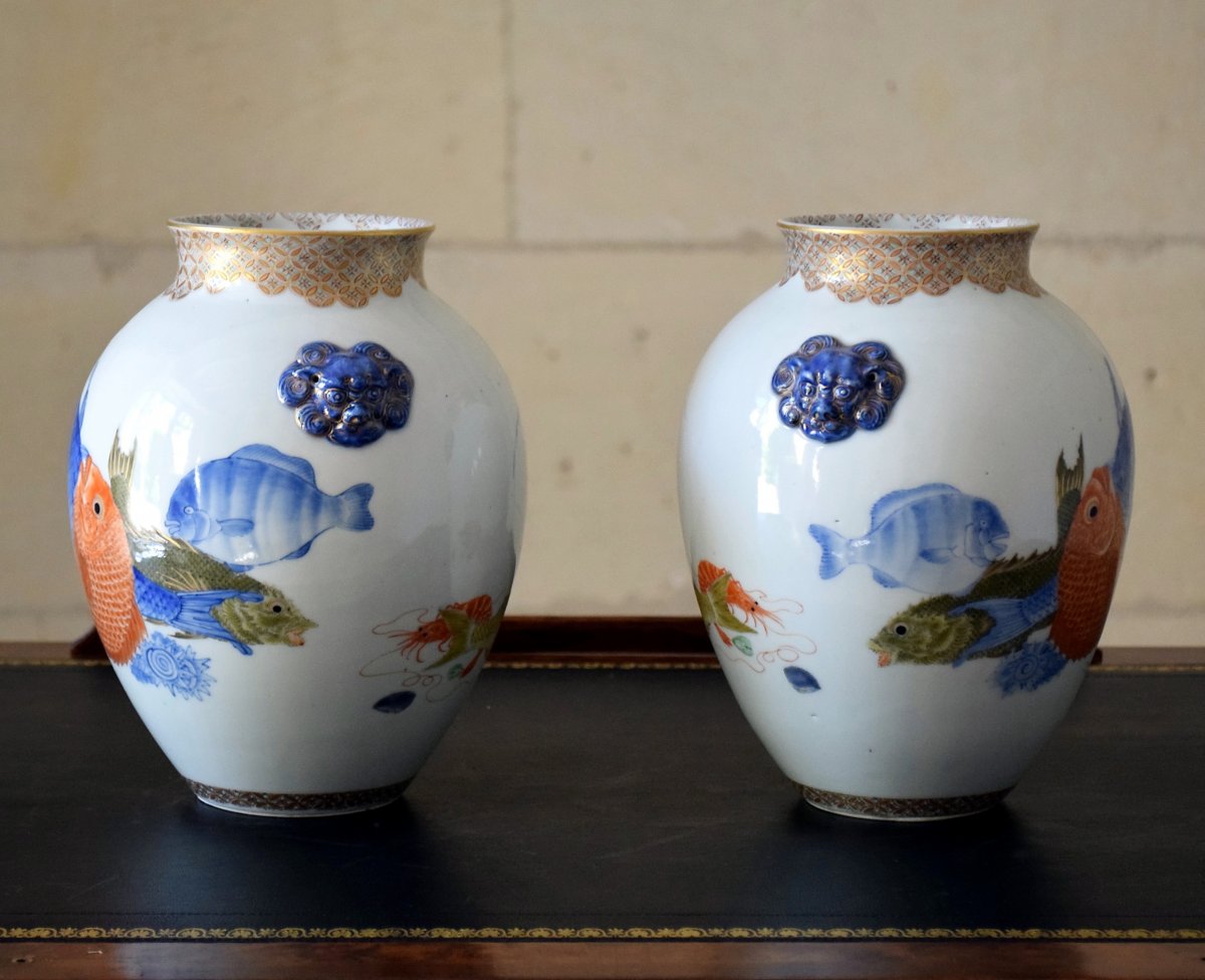 Paire de vases Japonais en porcelaine polychromée-photo-1