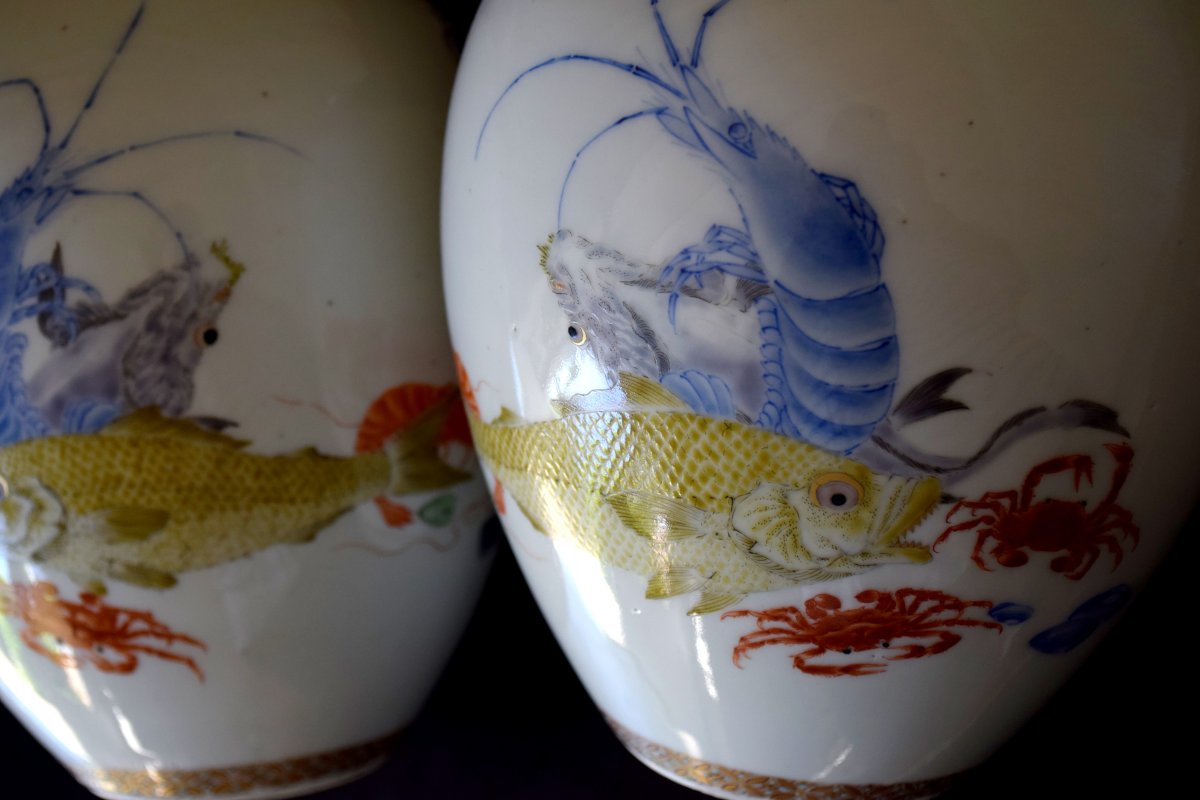 Paire de vases Japonais en porcelaine polychromée-photo-8