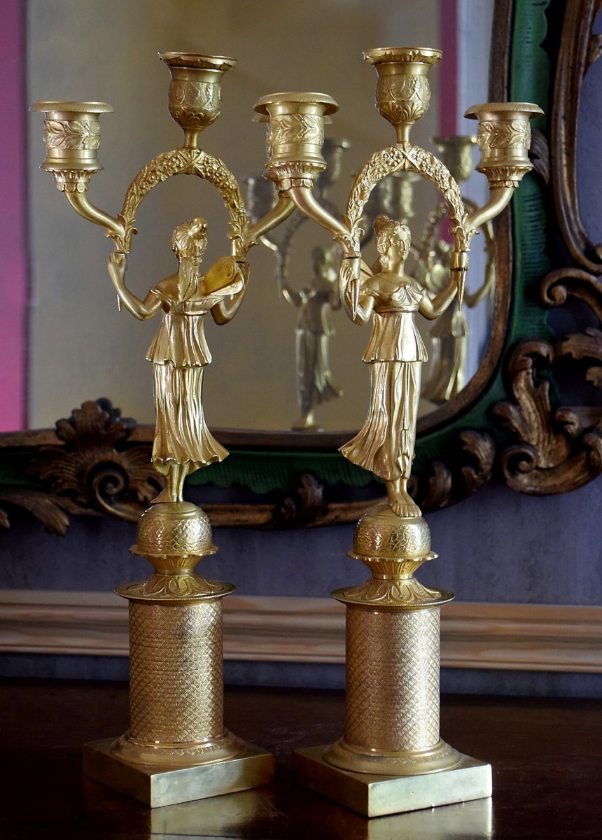 Pair Of Bronze Candelabra With Winged Victories Empire-photo-2