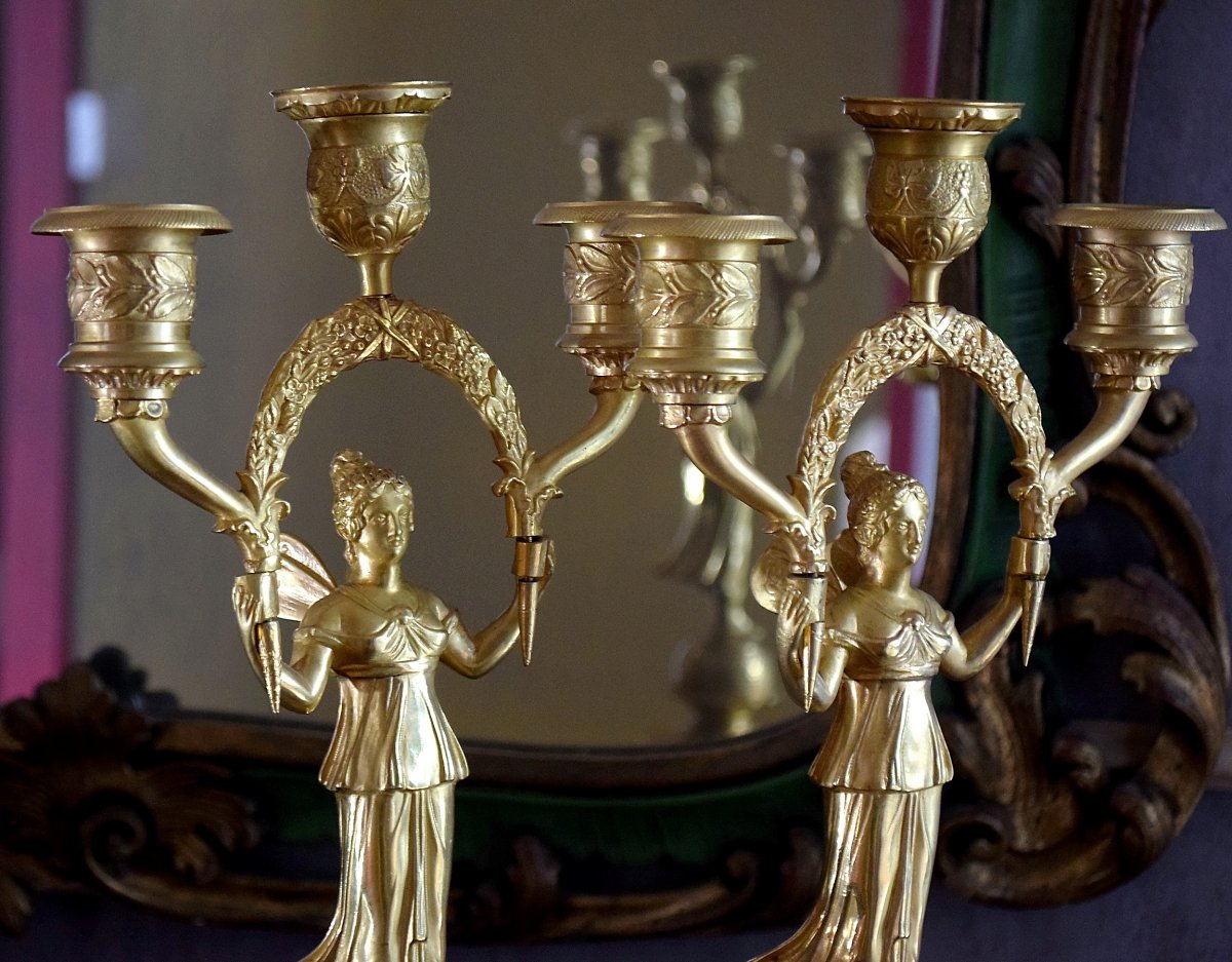 Pair Of Bronze Candelabra With Winged Victories Empire-photo-3