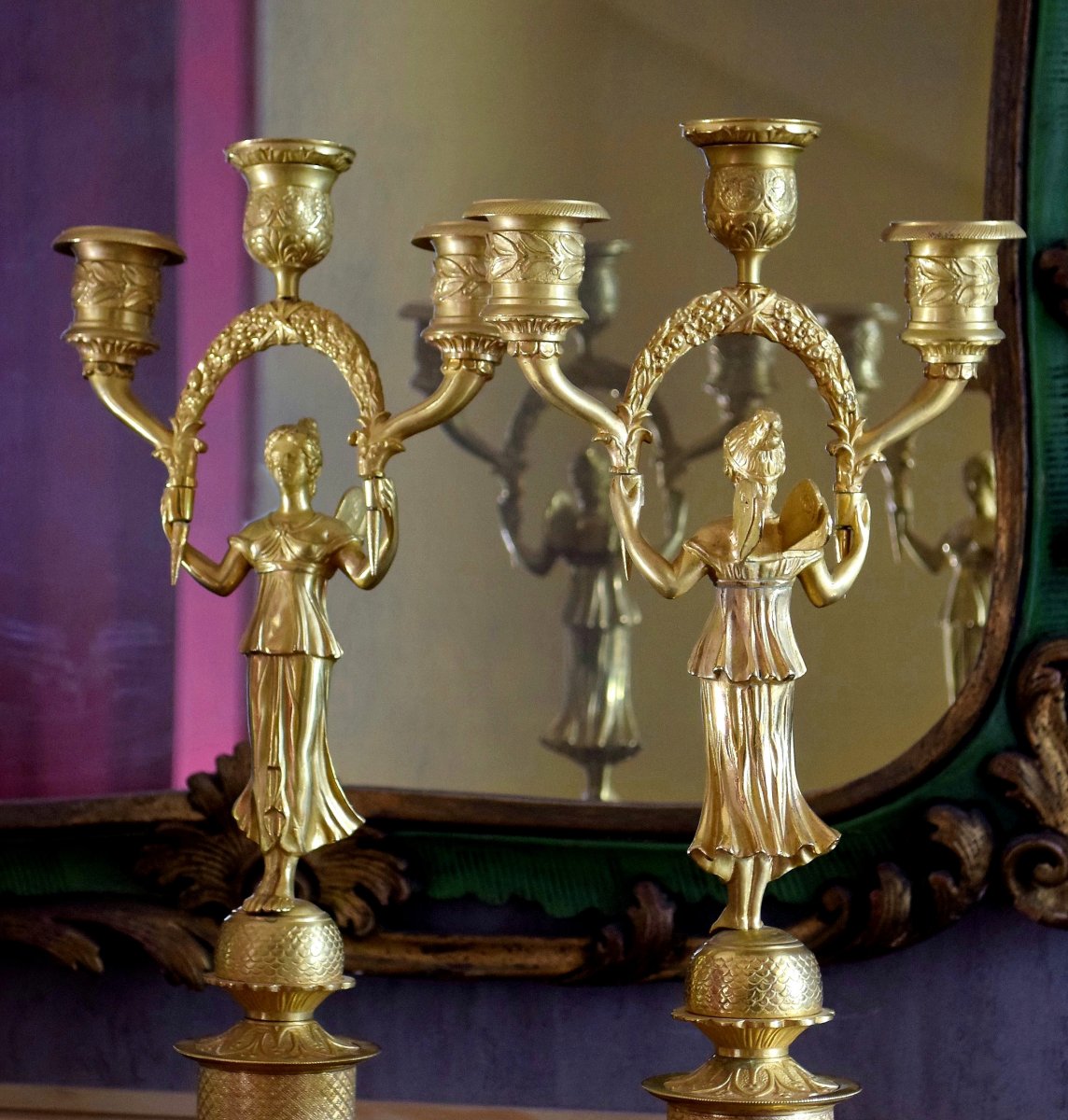 Pair Of Bronze Candelabra With Winged Victories Empire-photo-4