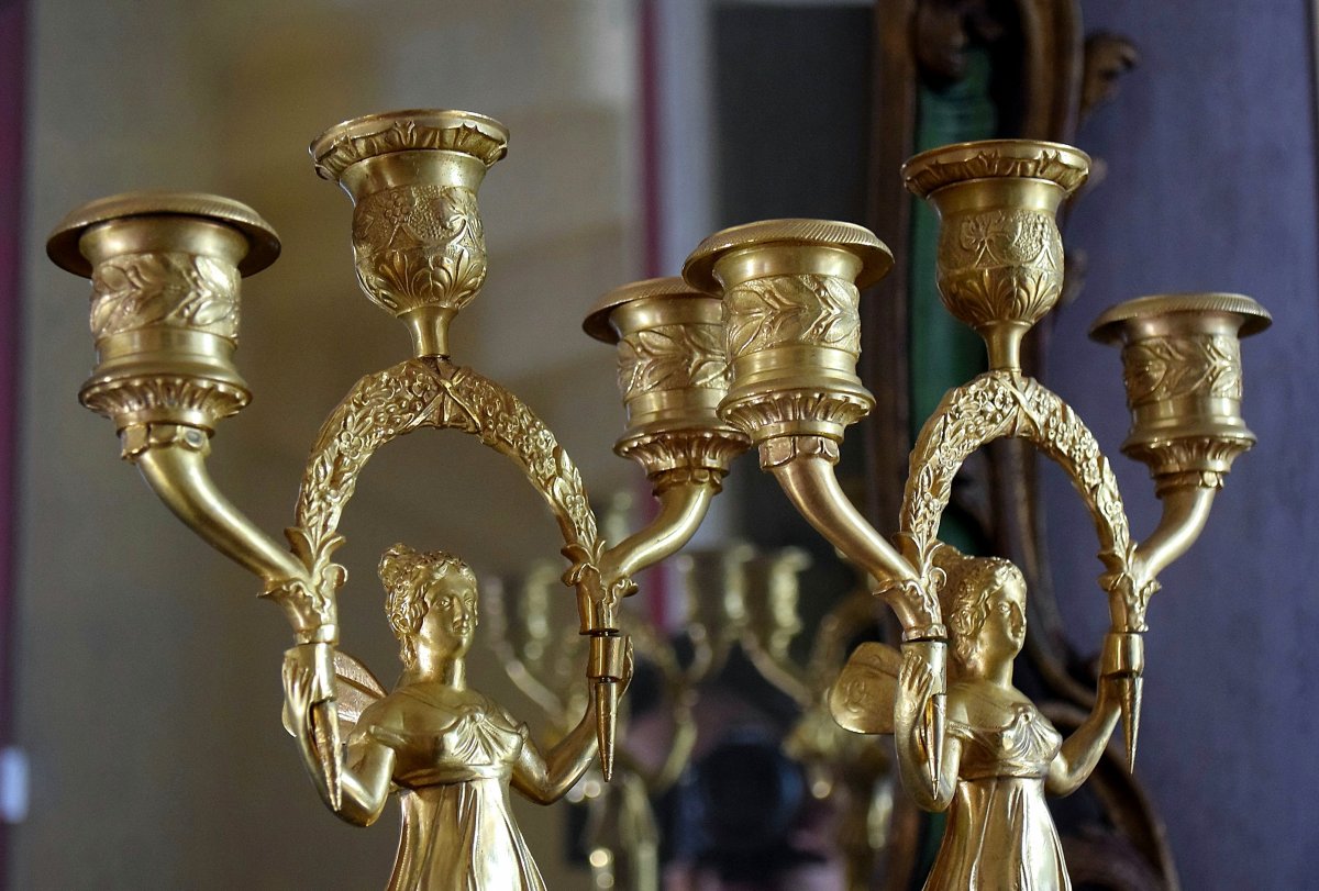 Pair Of Bronze Candelabra With Winged Victories Empire-photo-3