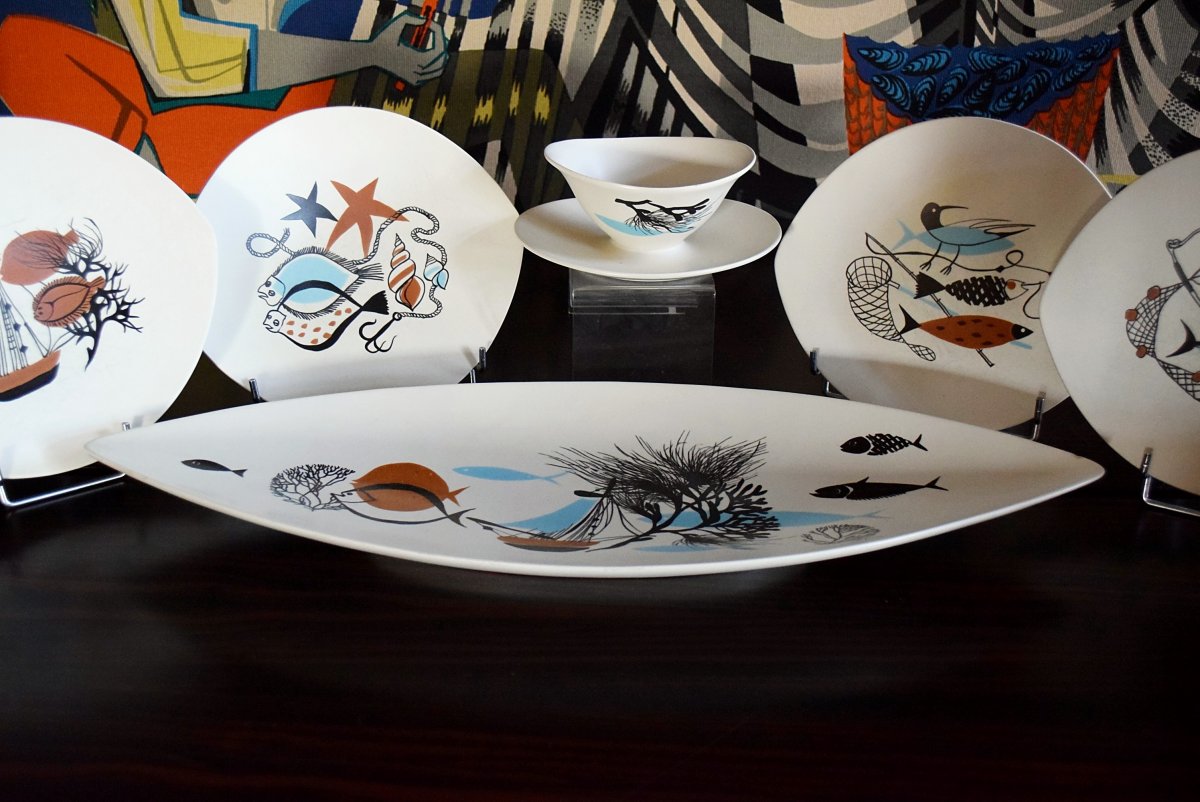 Service à poisson Faïence de Salins Design années 50-photo-1