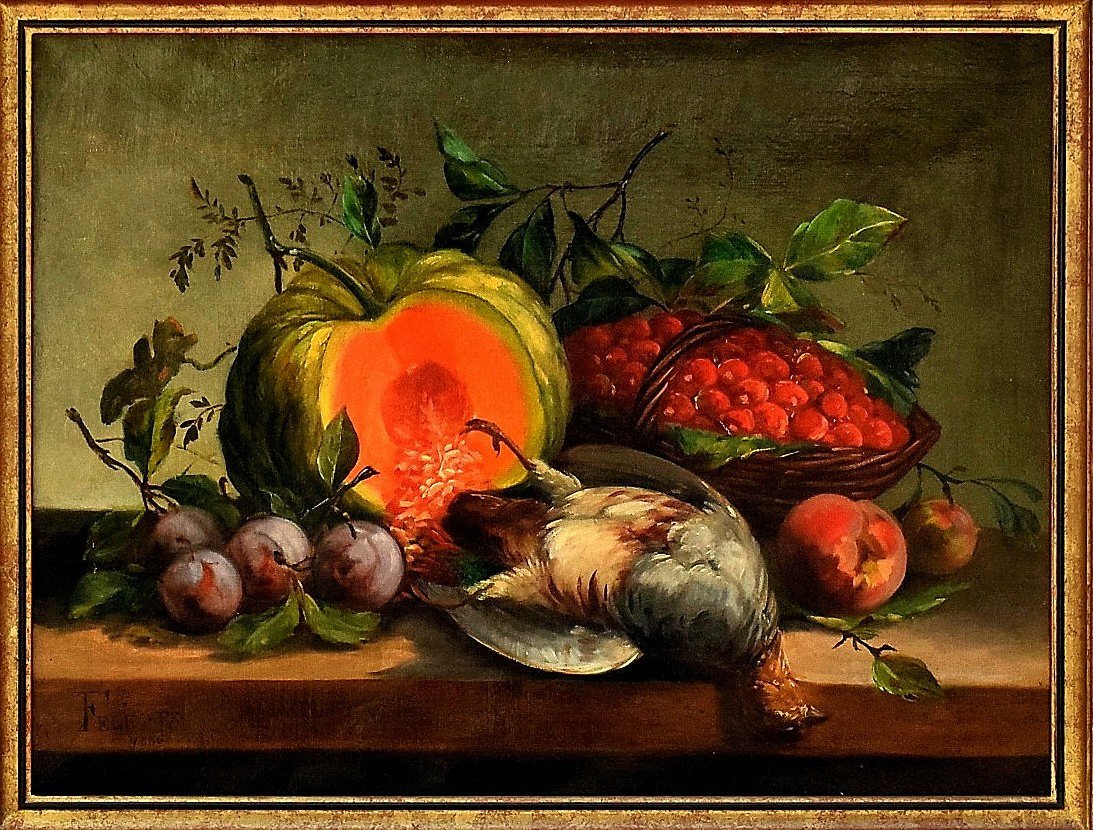 Still Life With Partridge, Pumpkin And Fruit, Dated 1886-photo-2