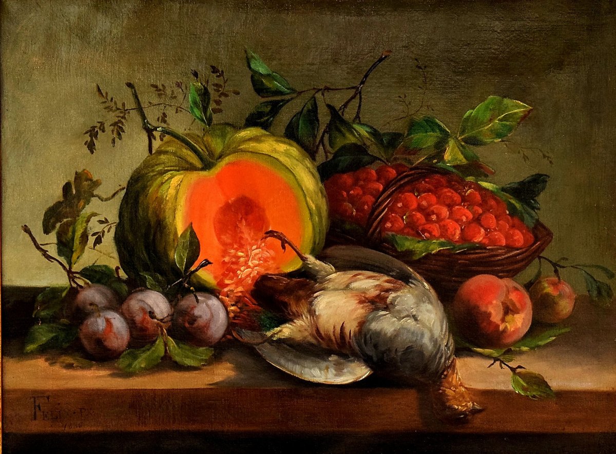 Still Life With Partridge, Pumpkin And Fruit, Dated 1886-photo-1