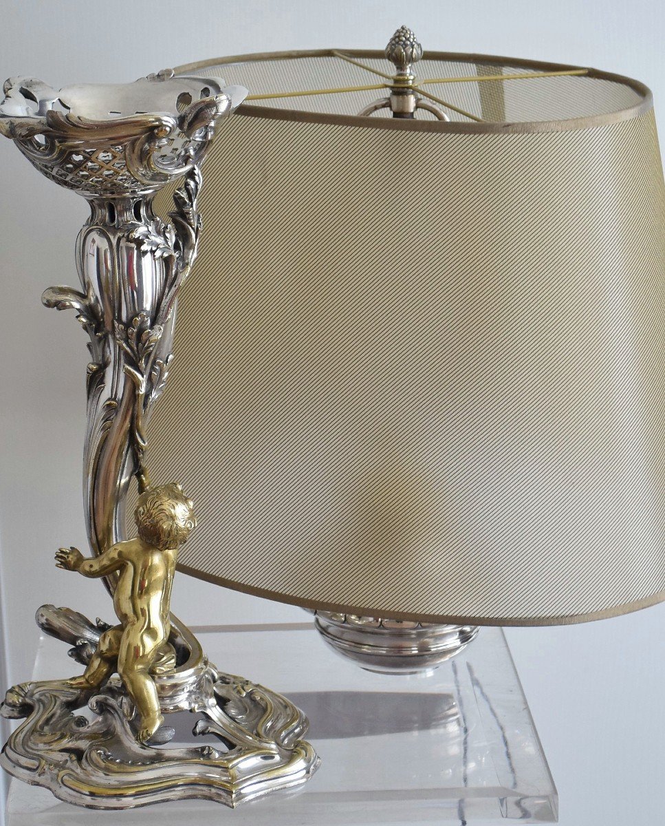 Large Silver And Gilded Bronze Lamp With Love Decoration H. 83 Cm-photo-1