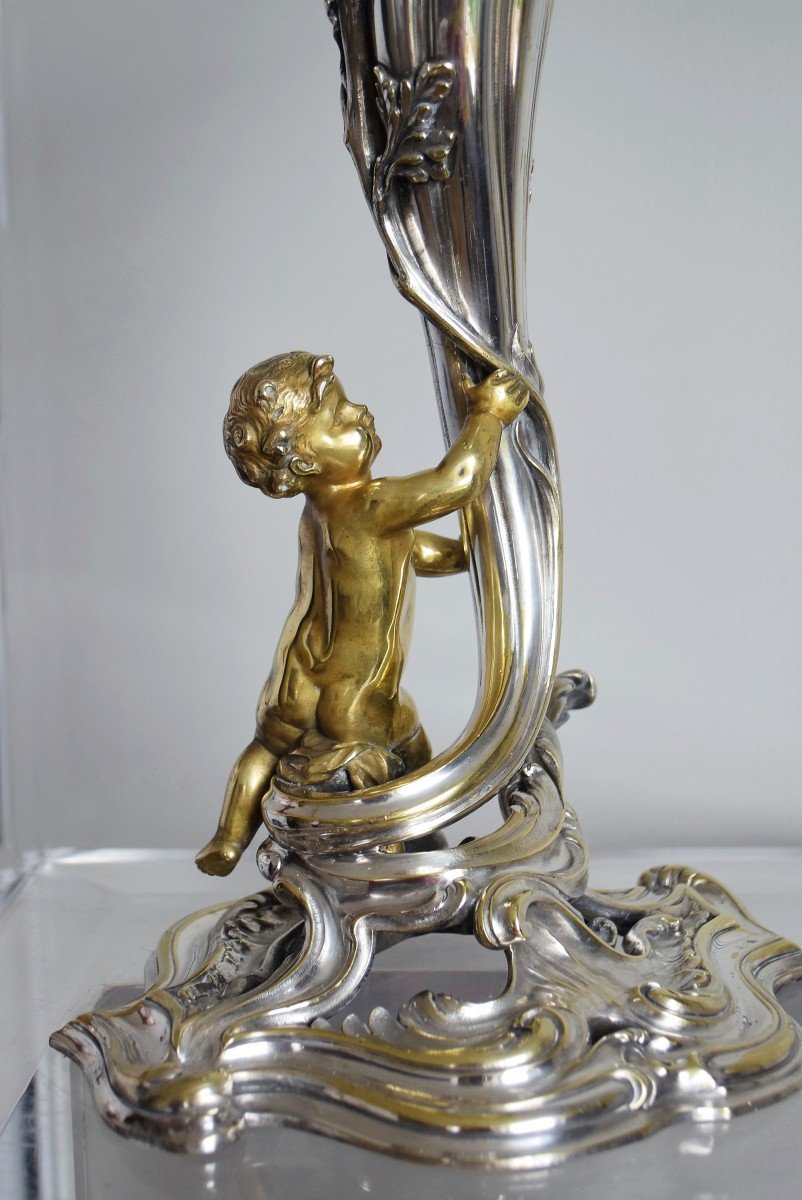 Grande lampe Bronze argenté et doré Décor d'amour Ht.83 cm-photo-6