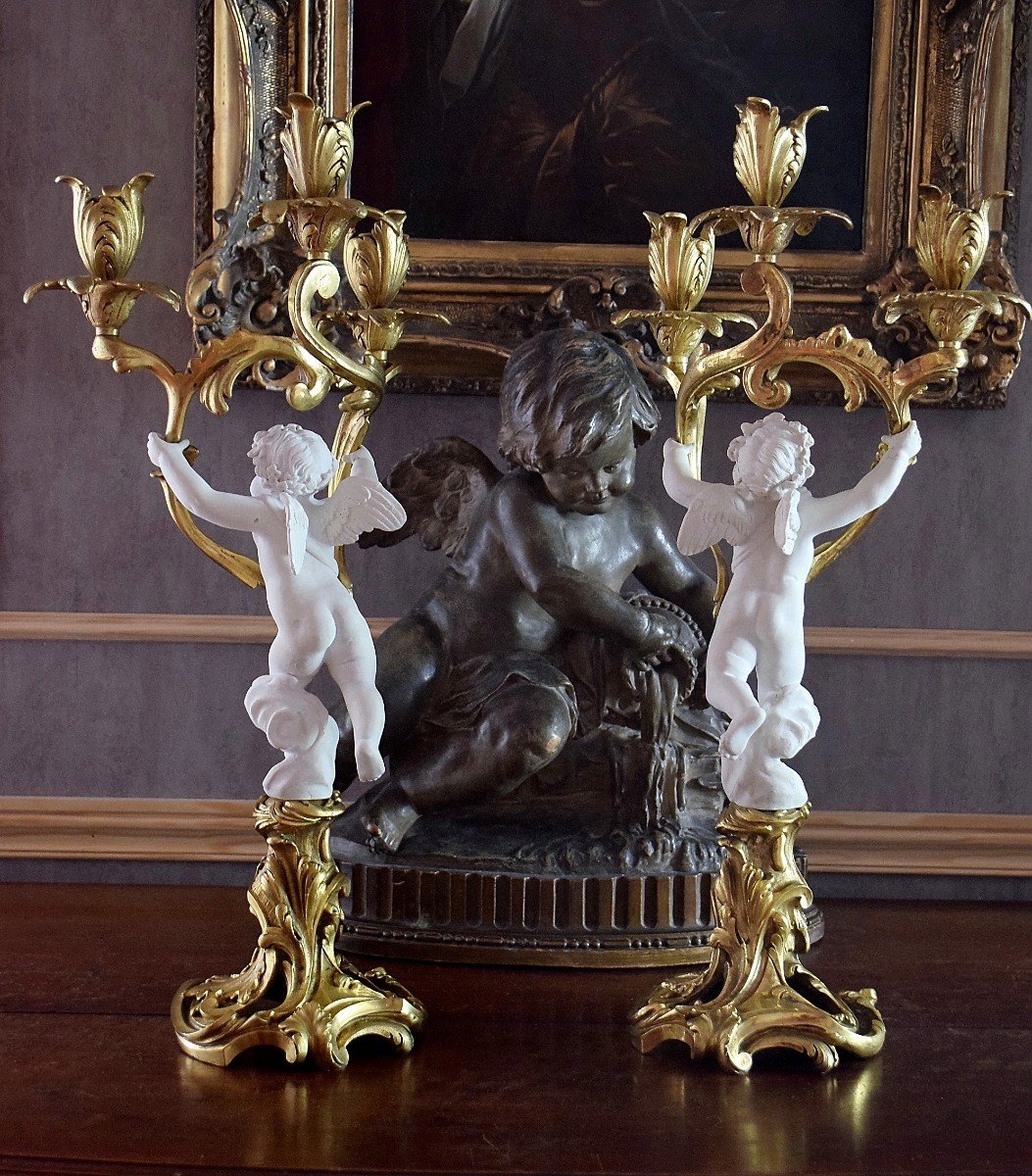 Pair Of Bronze Candelabra And Cherubs In XIXth Sèvres Biscuit-photo-4