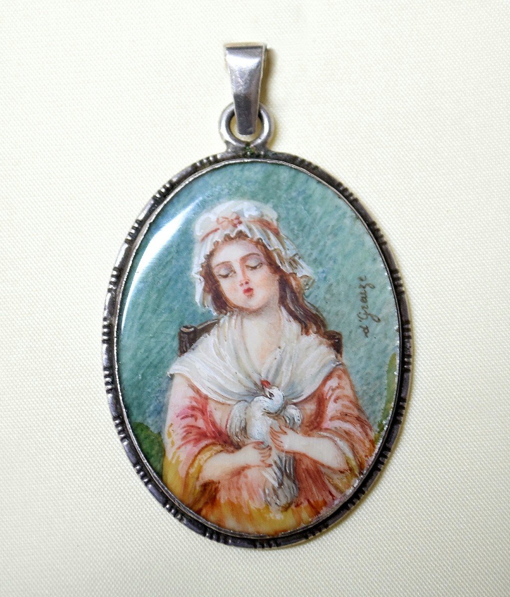 Miniature sur Ivoire en Médaillon Argent Pendentif