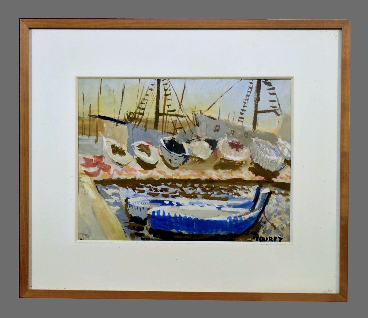 Gouache Bateaux au port par Jean Touret (Ateliers de Marolles)