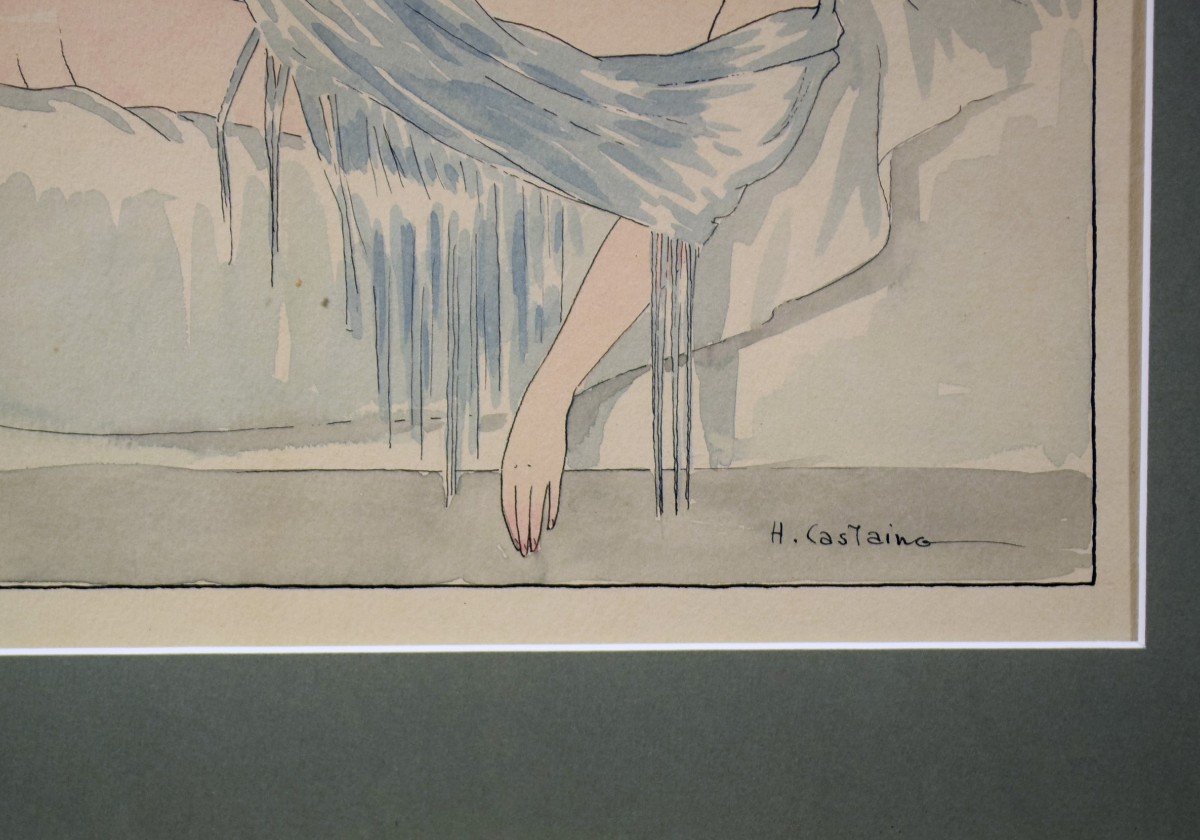 Ink And Watercolor Wash By H. Castaing Art Deco-photo-4