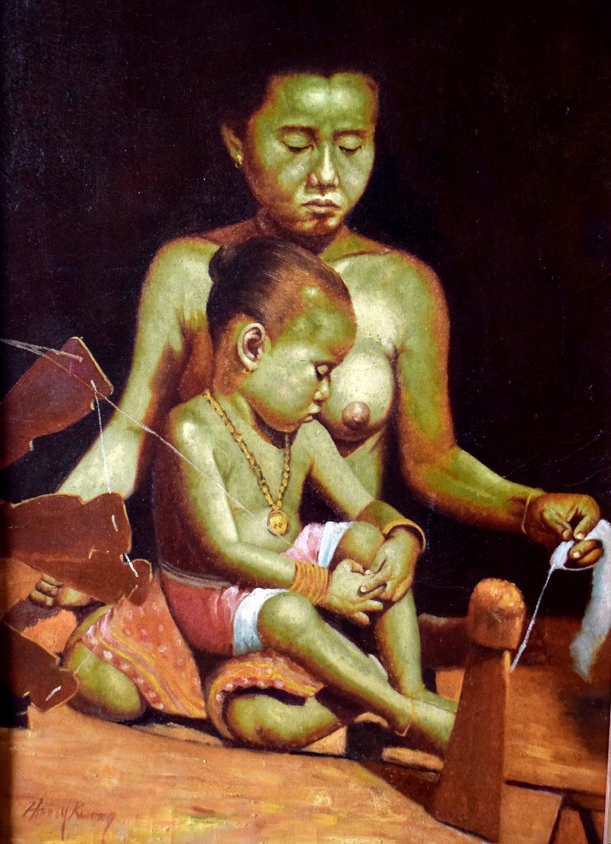 Large Painting Asian Spinner And Her Child-photo-2