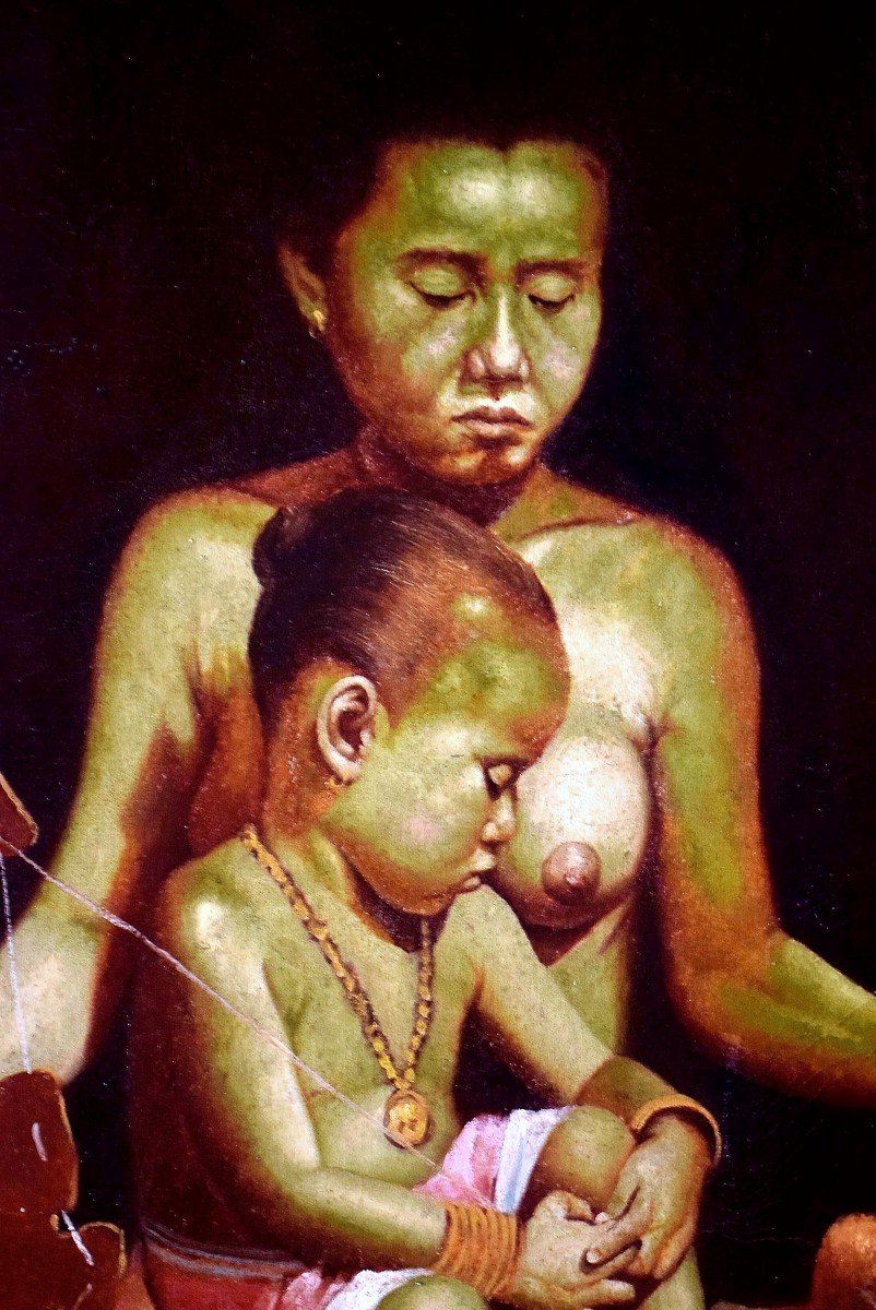 Large Painting Asian Spinner And Her Child-photo-4