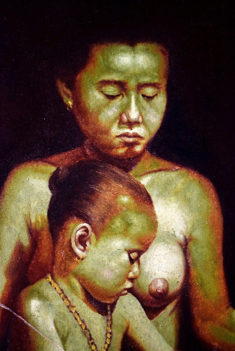 Large Painting Asian Spinner And Her Child-photo-1