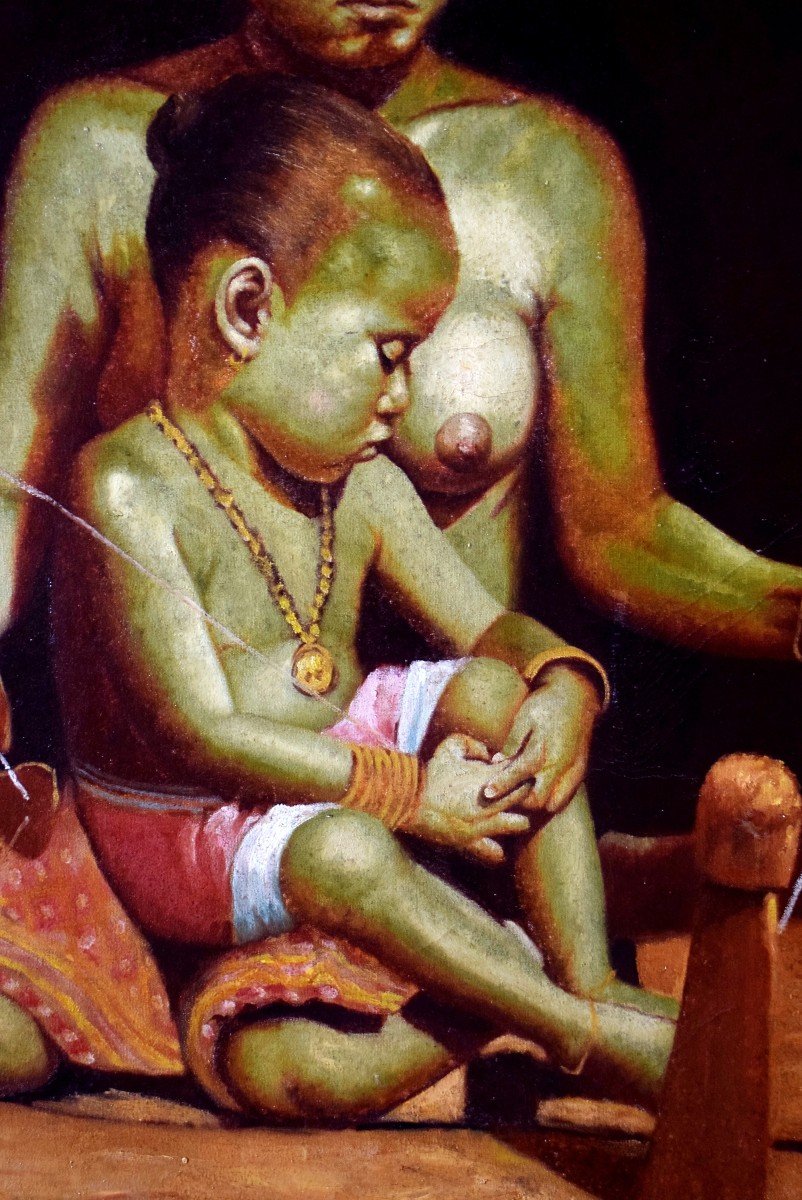 Large Painting Asian Spinner And Her Child-photo-2