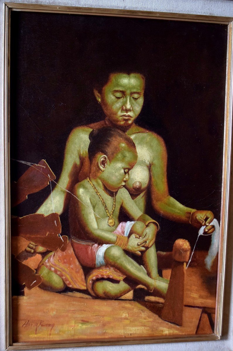 Large Painting Asian Spinner And Her Child-photo-3