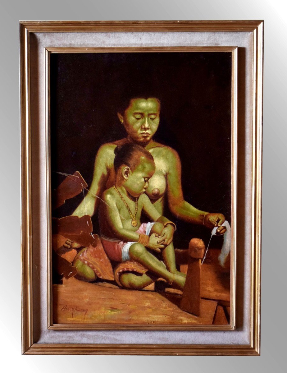 Large Painting Asian Spinner And Her Child