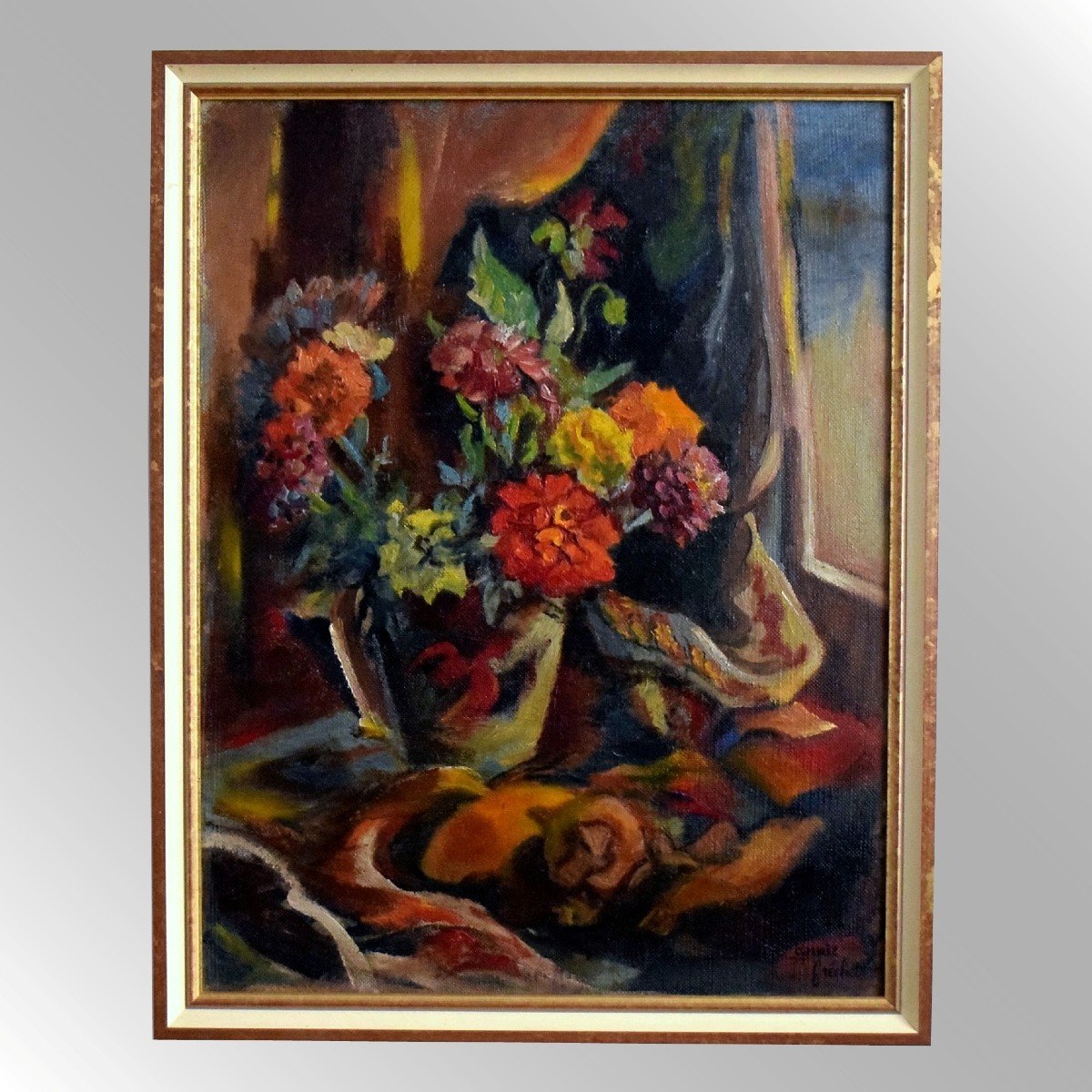Chat et bouquet de fleurs par Annie Fréchet