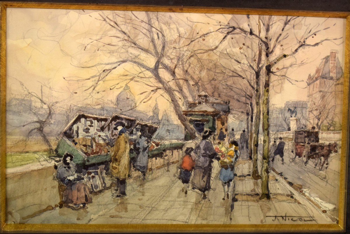 Booksellers The Banks Of The Seine Paris Watercolor By Jean Nicol-photo-2