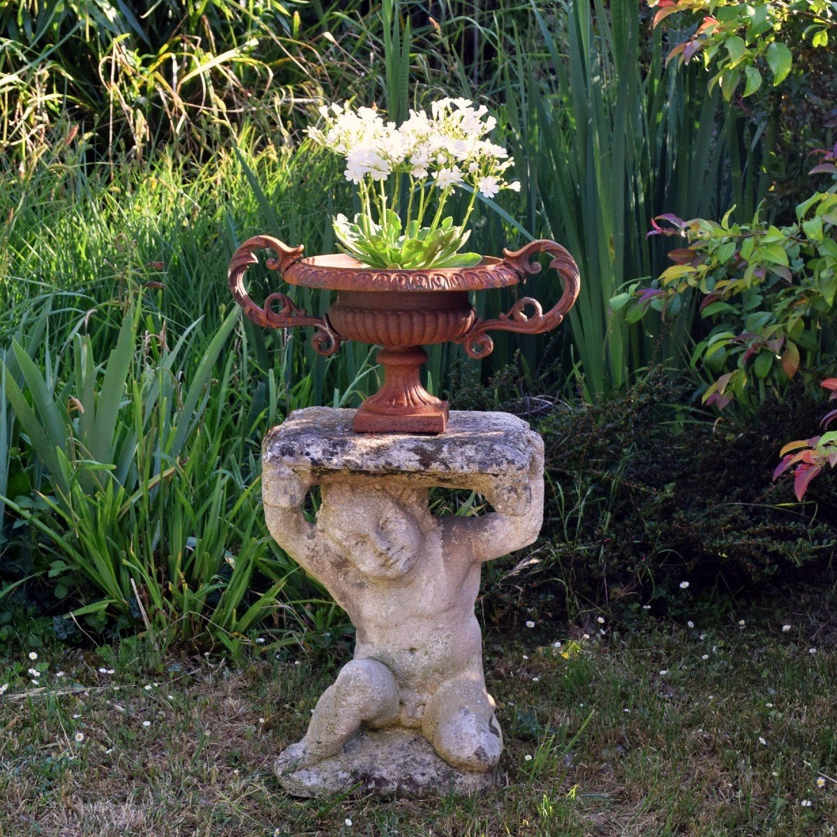 Sellette ou banc de jardin Cherubin en pierre reconstitu&eacute;e-photo-2