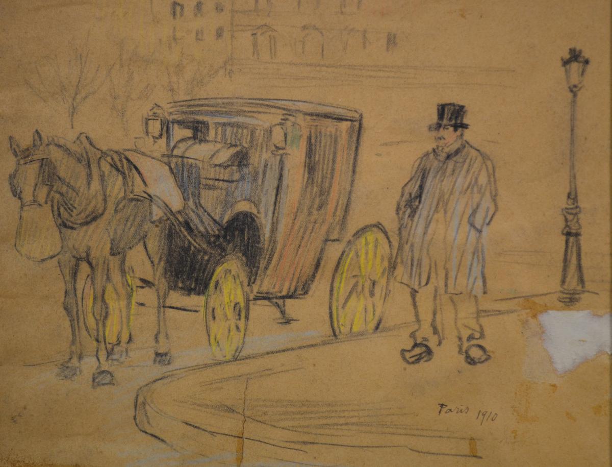 Drawing Pastel Check Fiacre De Paris 1910-photo-3