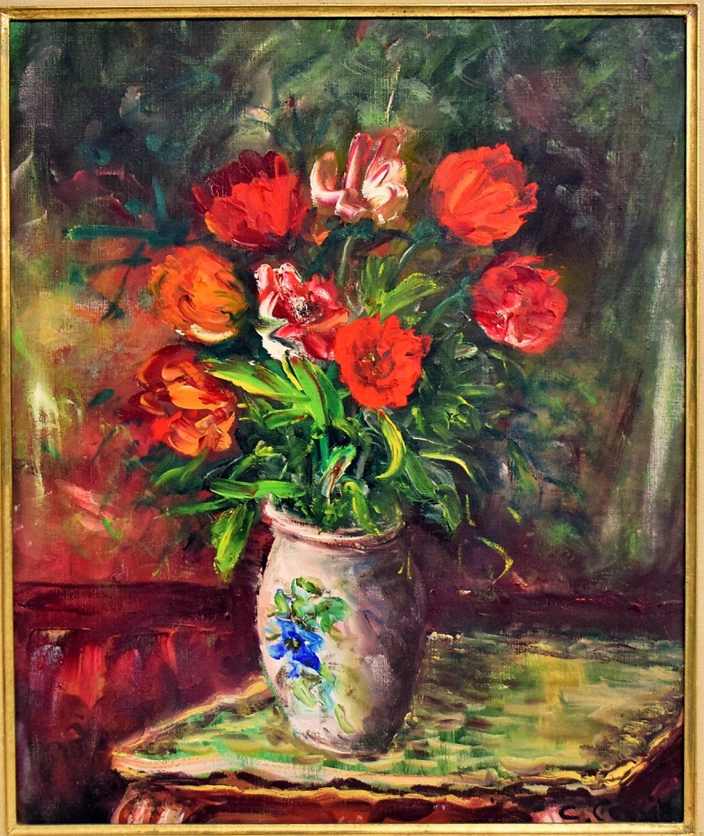 Constant Censier &laquo;&nbsp;Bouquet de tulipes sur gu&eacute;ridon Louis XV&nbsp;&raquo;-photo-2