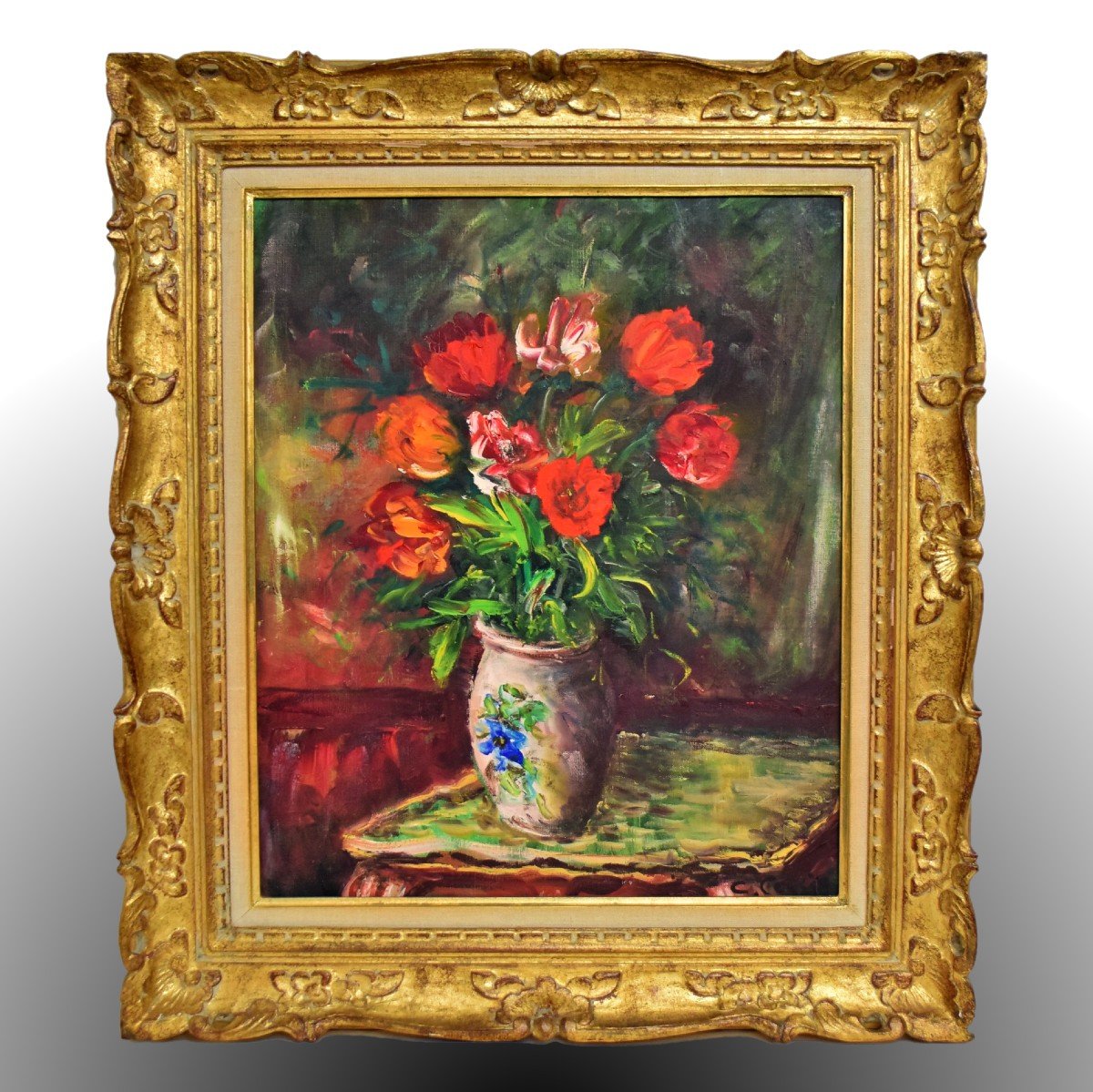 Constant Censier &laquo;&nbsp;Bouquet de tulipes sur gu&eacute;ridon Louis XV&nbsp;&raquo;