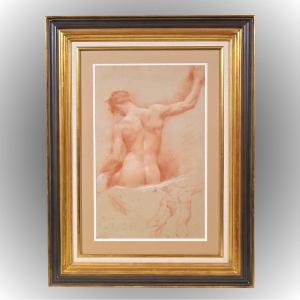 Male Nude By Jules Mignon Red Chalk Drawing
