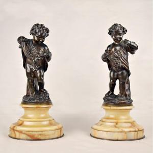 Pair Of Cherubs, Putti, In Bronze After Clodion 19th Century