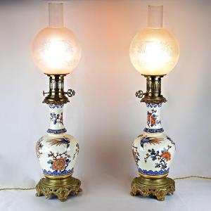 Pair Of Earthenware Oil Lamps From Gien 19th Century