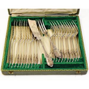 Pagé Frères Fish Cutlery In Solid Silver Minerve 1st Title With Engraved Decorations