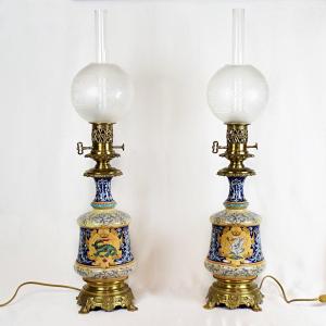 Pair Of Ulysse Besnard Faïence De Blois 1884 Electrified Lamps