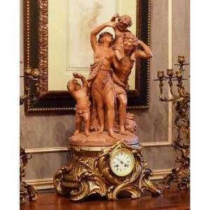 Important L.xv Style Terracotta Clock By Clodion 19th Century