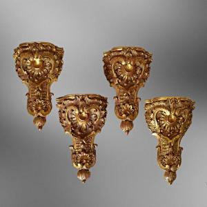 Series Of 4 Wall Consoles In Gilded Carved Wood Ht 40 Cm In Regency Style