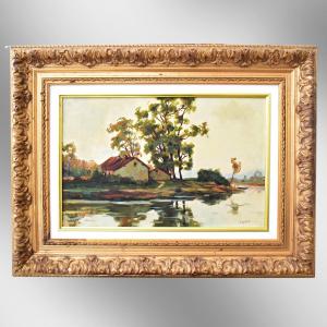 Paysage lacustre  Ecole de Barbizon signé Leplat