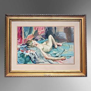 Nu allongé Aquarelle par Pierre Vallet 
