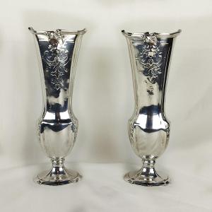 Pair Of Silver-plated Metal Vases In The Regency Style, 19th Century