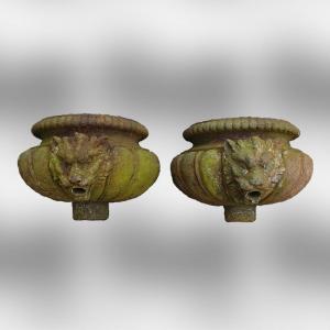 Pair Of 19th-century Cast Iron Gutter Receptacles With Lion Heads. Water Boxes. 