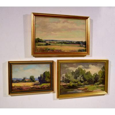 Three Landscapes Of Sologne By Maurice Golleau (1897-1970)