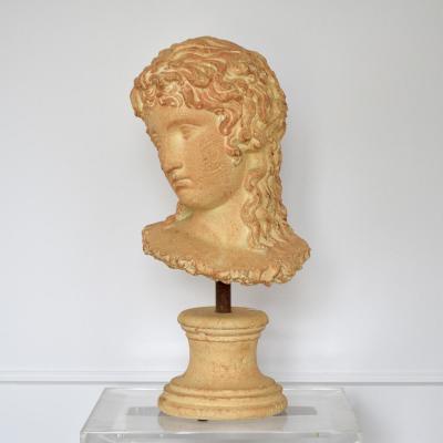 Large Sculpture Head Of Woman In Ancient Terracotta By Michel Cayla