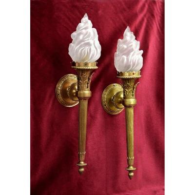 Pair Of 19th Century Bronze Sconces Or Torches