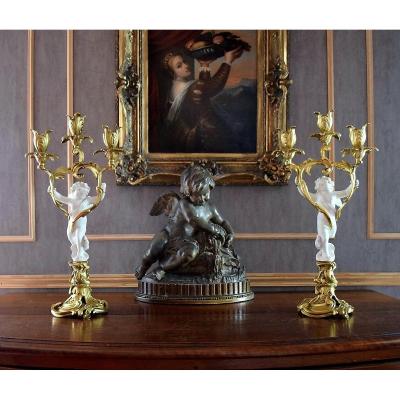 Pair Of Bronze Candelabra And Cherubs In XIXth Sèvres Biscuit