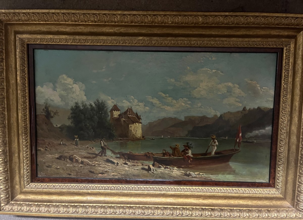 Painting Lake Leman Chillon Castle Late 19th Century By Auguste Legras-photo-4