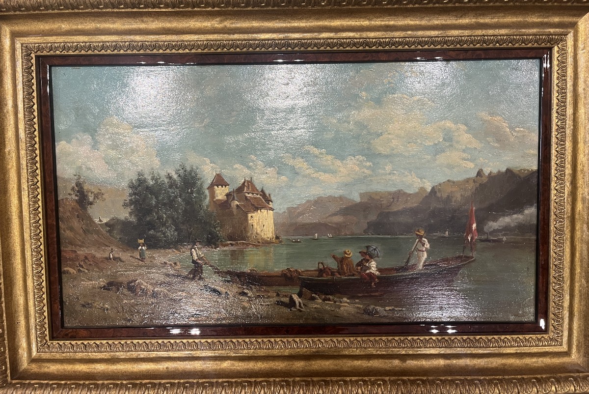 Painting Lake Leman Chillon Castle Late 19th Century By Auguste Legras