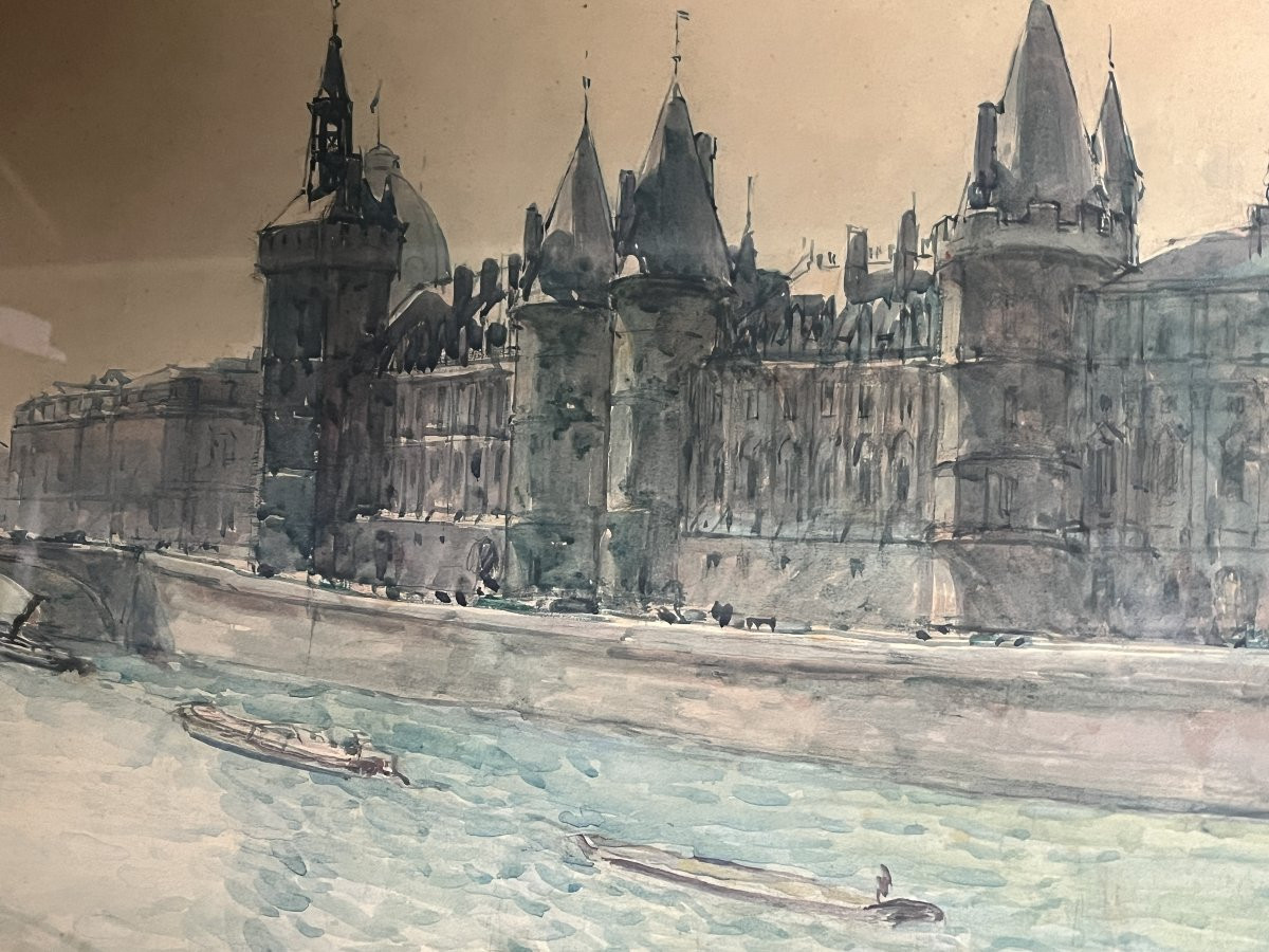 Painting By Fernand Fortune Truffaut "view Of Paris - The Seine"-photo-4